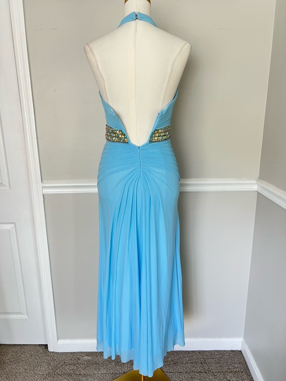 Vintage Y2K Tony Bowls Ice Blue Jeweled Halter Prom Dress - Picture 5 of 9